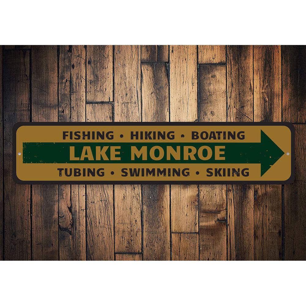 A beautifully crafted Lake Directional Sign made of high-quality aluminum, featuring customizable text and a rustic design, perfect for lakehouses.