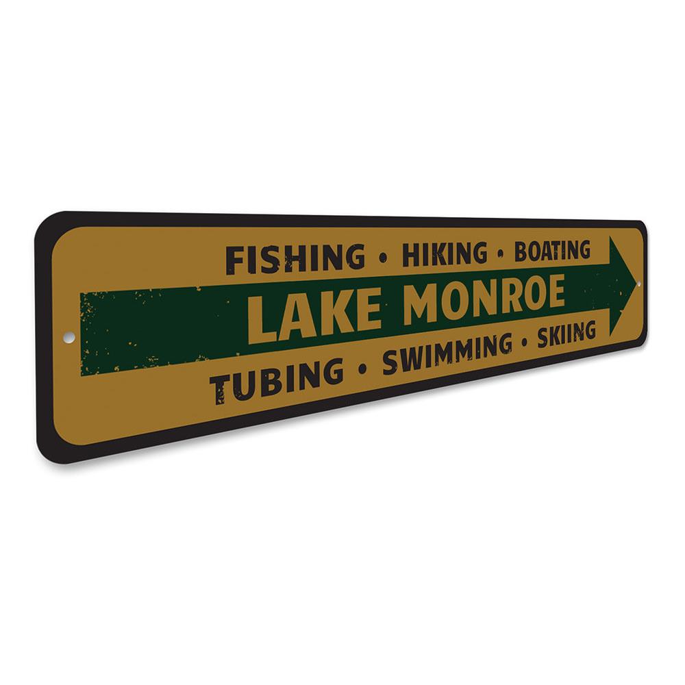 A beautifully crafted Lake Directional Sign made of high-quality aluminum, featuring customizable text and a rustic design, perfect for lakehouses.