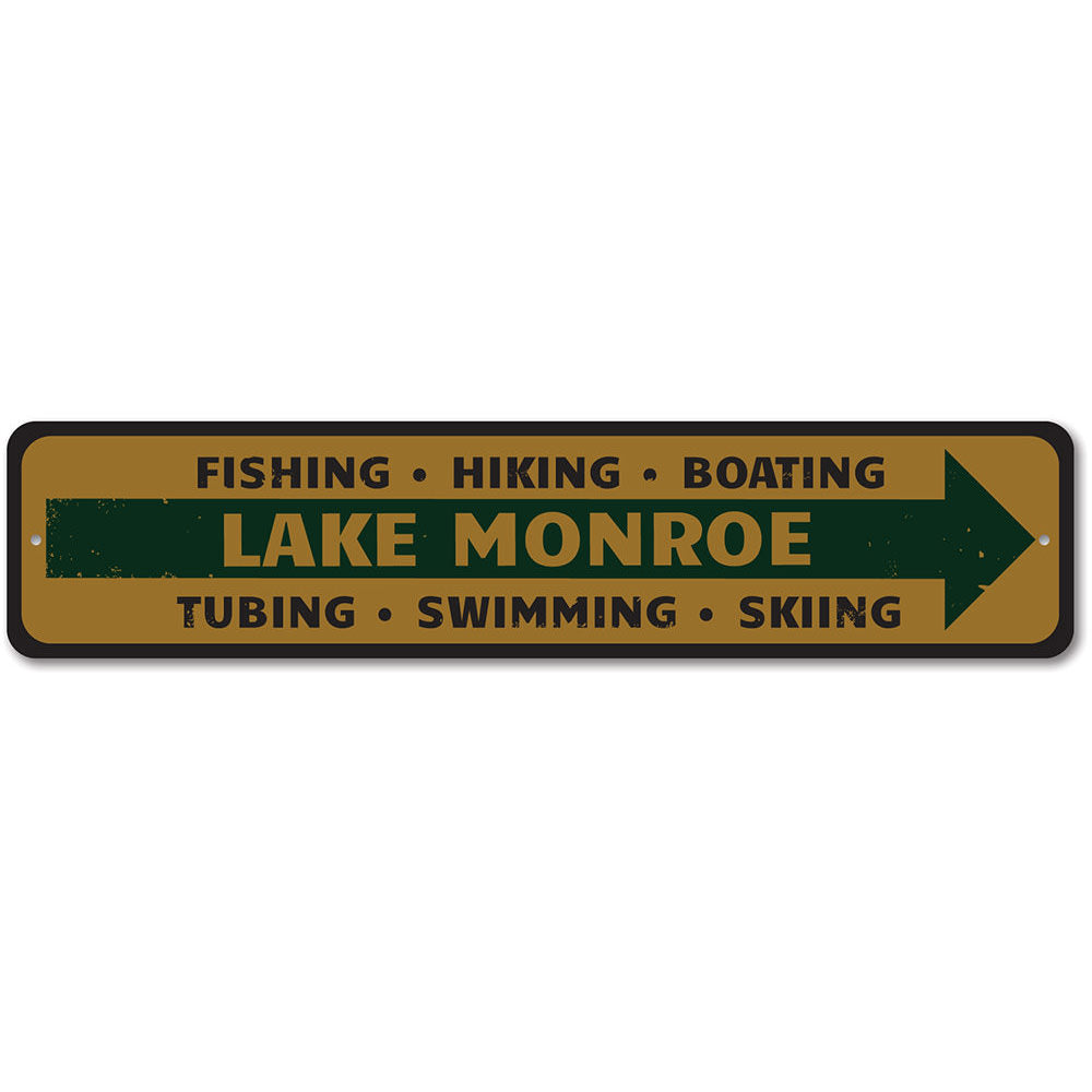 A beautifully crafted Lake Directional Sign made of high-quality aluminum, featuring customizable text and a rustic design, perfect for lakehouses.