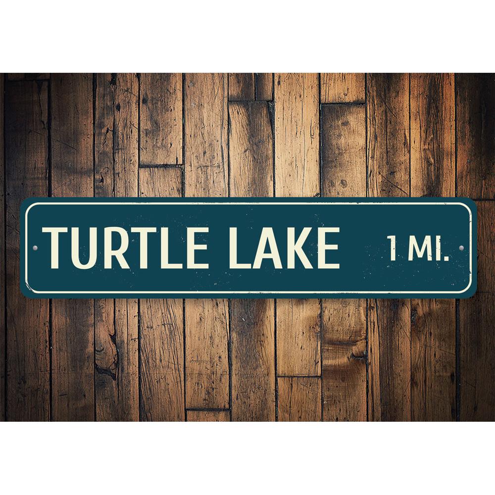 A customizable Lake Distance Sign made of high-quality aluminum, featuring a scenic lake design, perfect for lakehouse decor.