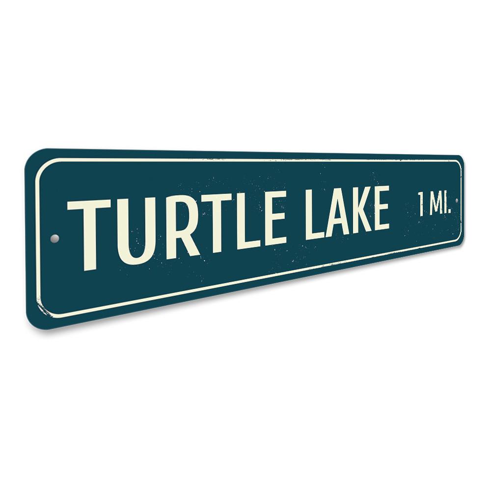 A customizable Lake Distance Sign made of high-quality aluminum, featuring a scenic lake design, perfect for lakehouse decor.