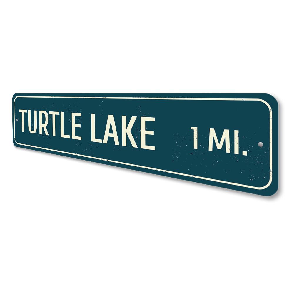 A customizable Lake Distance Sign made of high-quality aluminum, featuring a scenic lake design, perfect for lakehouse decor.