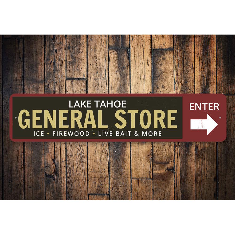 A beautifully crafted Lake General Store Sign made of high-quality aluminum, showcasing a rustic design perfect for lakehouses.