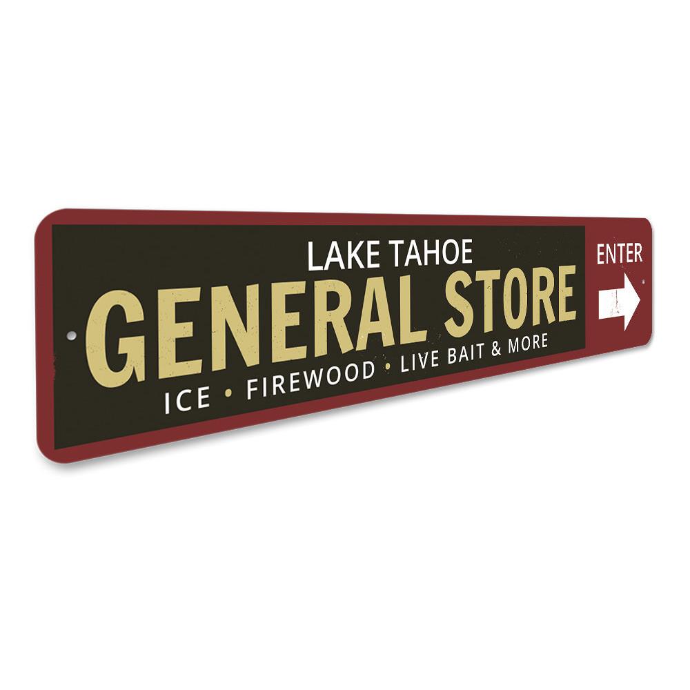 A beautifully crafted Lake General Store Sign made of high-quality aluminum, showcasing a rustic design perfect for lakehouses.