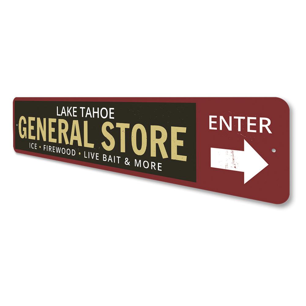 A beautifully crafted Lake General Store Sign made of high-quality aluminum, showcasing a rustic design perfect for lakehouses.