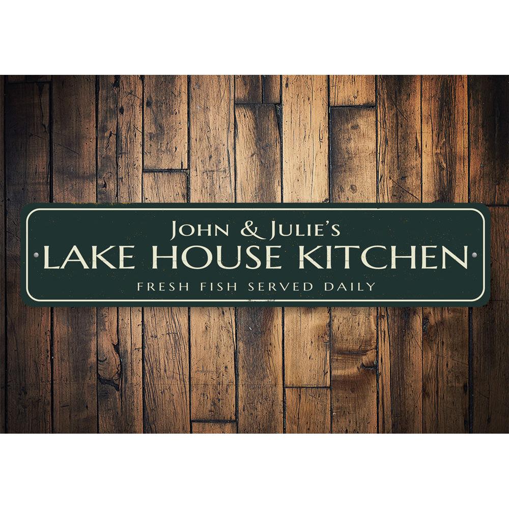 A beautifully crafted Lake House Kitchen Sign made of premium aluminum, featuring customizable text and a charming lake-themed design.