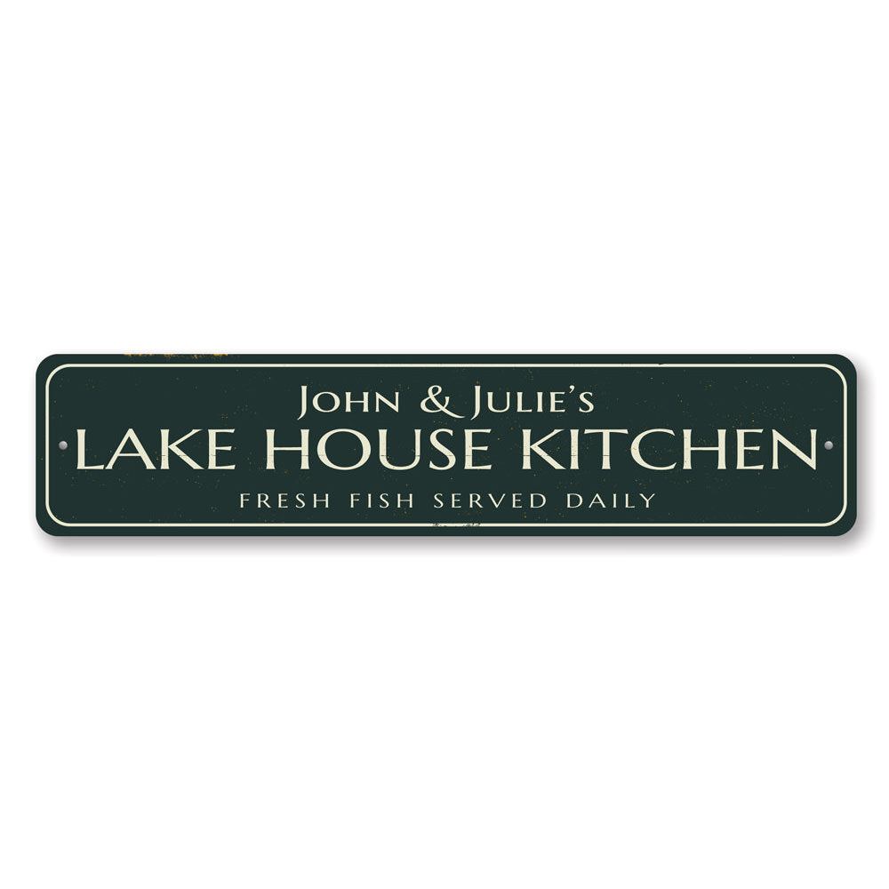 A beautifully crafted Lake House Kitchen Sign made of premium aluminum, featuring customizable text and a charming lake-themed design.