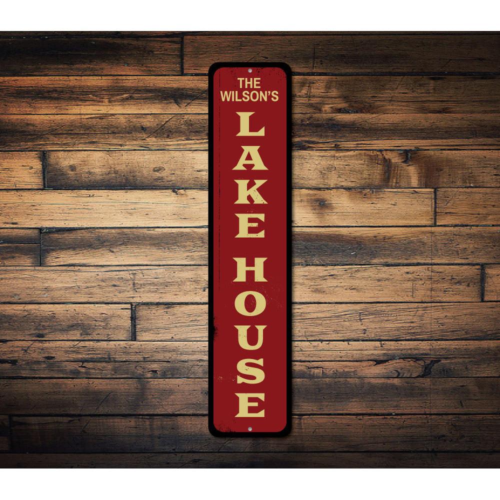 Lake House Vertical Sign made of durable aluminum, featuring customizable text and a rustic design, perfect for lake house decor.