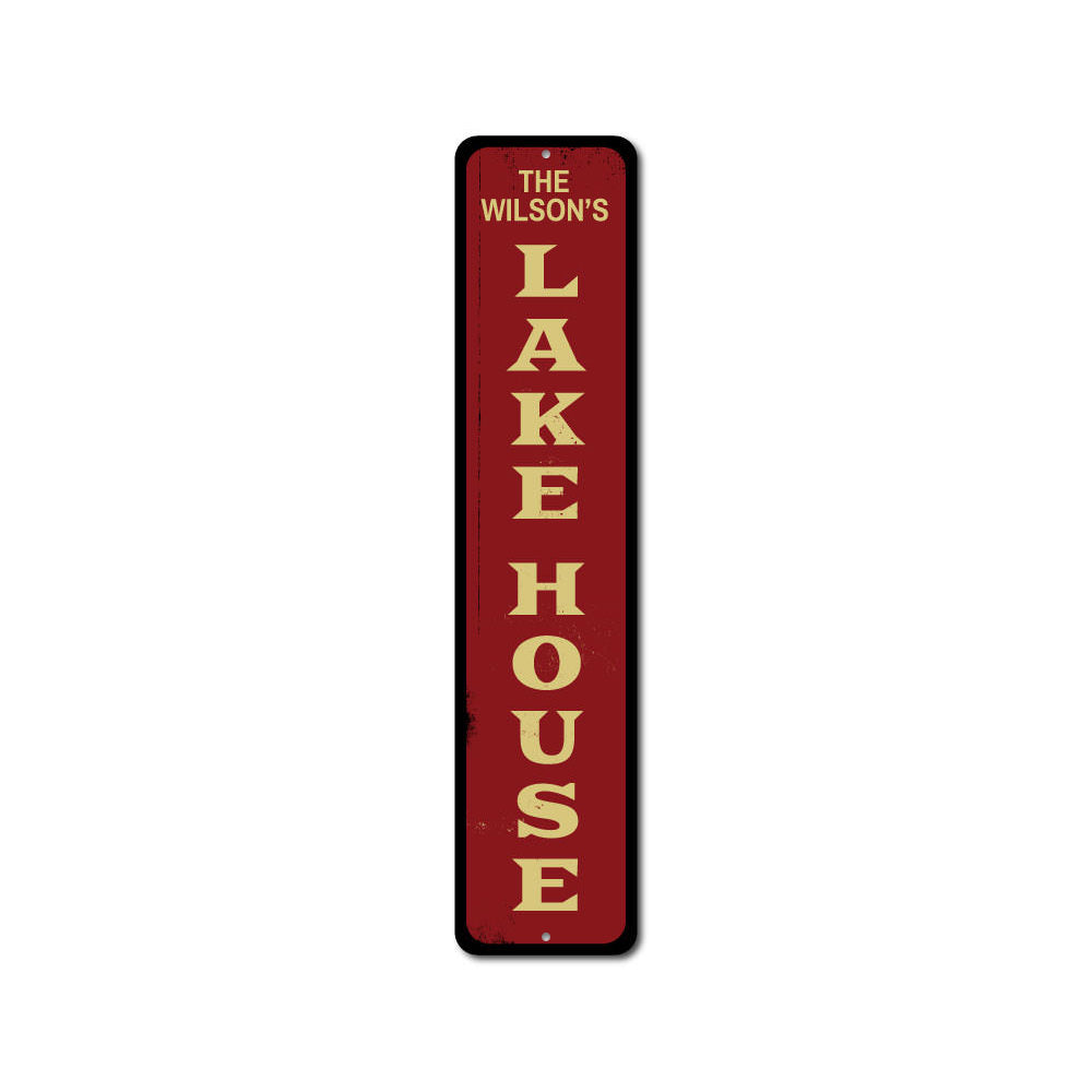 Lake House Vertical Sign made of durable aluminum, featuring customizable text and a rustic design, perfect for lake house decor.