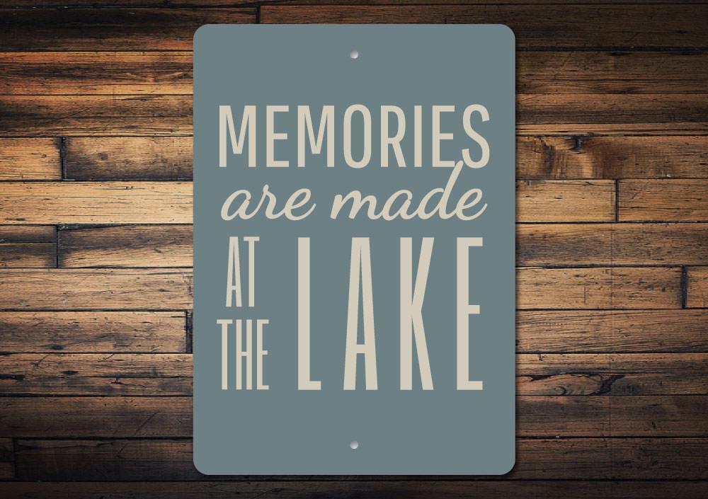 A beautifully crafted Lake Memories Sign made of high-quality aluminum, showcasing a serene lakeside theme, perfect for home decor.