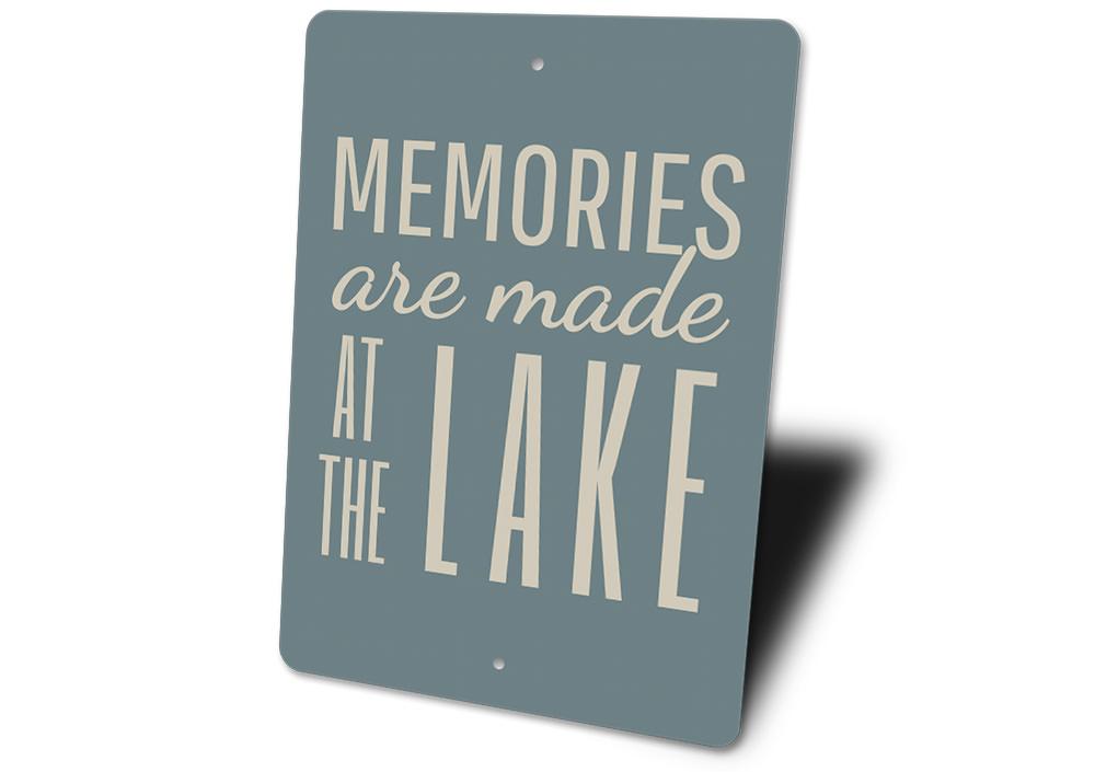 A beautifully crafted Lake Memories Sign made of high-quality aluminum, showcasing a serene lakeside theme, perfect for home decor.