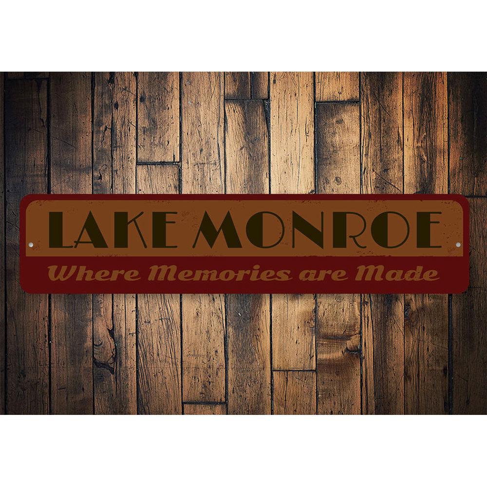 A beautiful Lake Memories Sign made of high-quality aluminum, featuring customizable text and a scenic lake design, perfect for lakehouse decor.