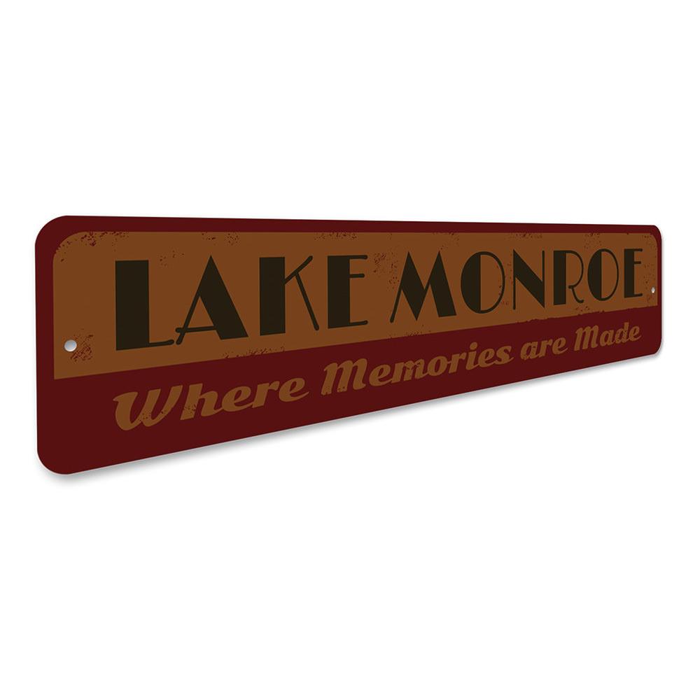 A beautiful Lake Memories Sign made of high-quality aluminum, featuring customizable text and a scenic lake design, perfect for lakehouse decor.