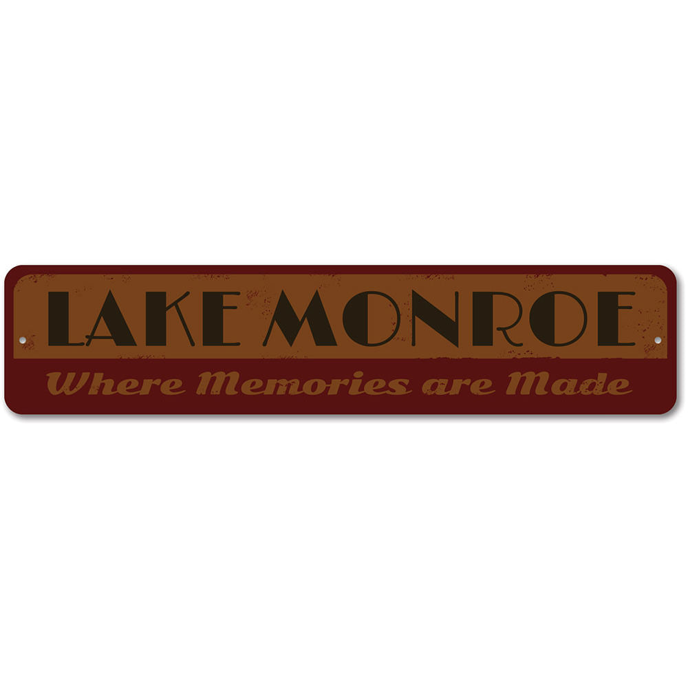 A beautiful Lake Memories Sign made of high-quality aluminum, featuring customizable text and a scenic lake design, perfect for lakehouse decor.