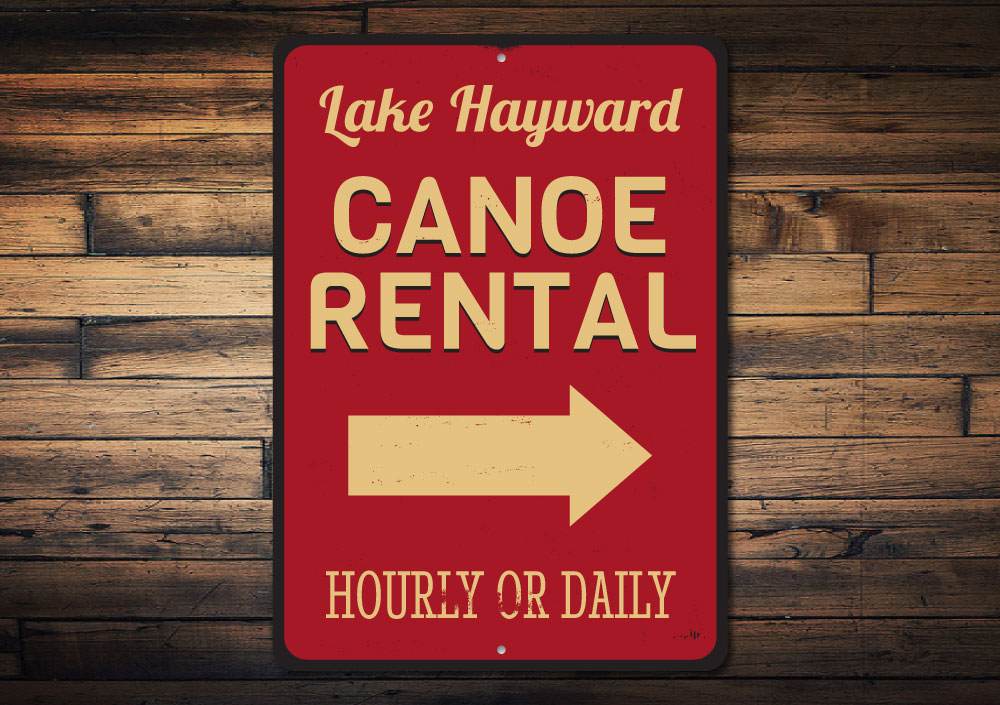 Personalized Lake Name Canoe Rental Sign made of durable aluminum, featuring customizable text for lakehouse decor.