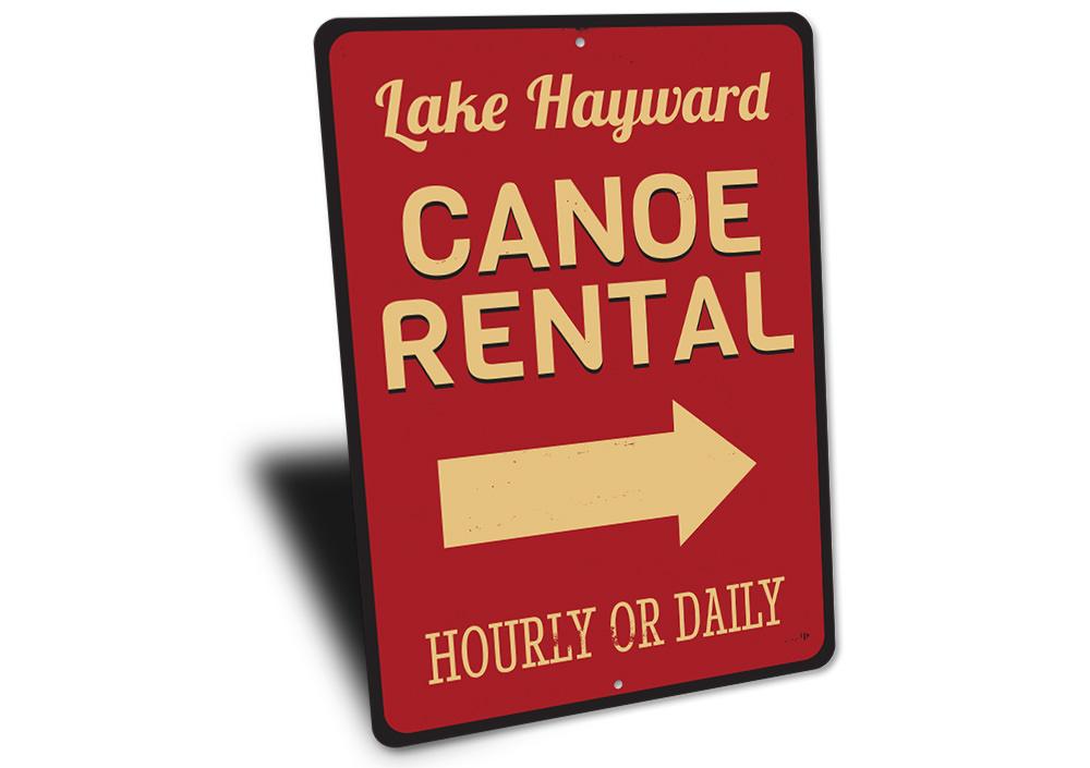 Personalized Lake Name Canoe Rental Sign made of durable aluminum, featuring customizable text for lakehouse decor.