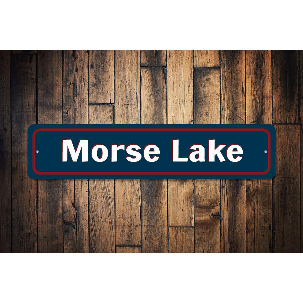 Custom Lake Name Entrance Sign made of durable aluminum, featuring personalized text and pre-drilled holes for easy mounting.