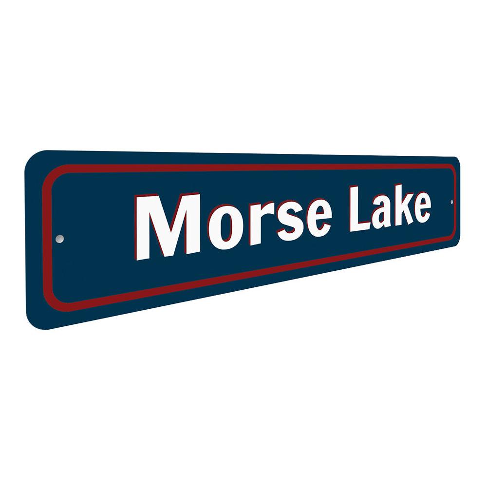 Custom Lake Name Entrance Sign made of durable aluminum, featuring personalized text and pre-drilled holes for easy mounting.