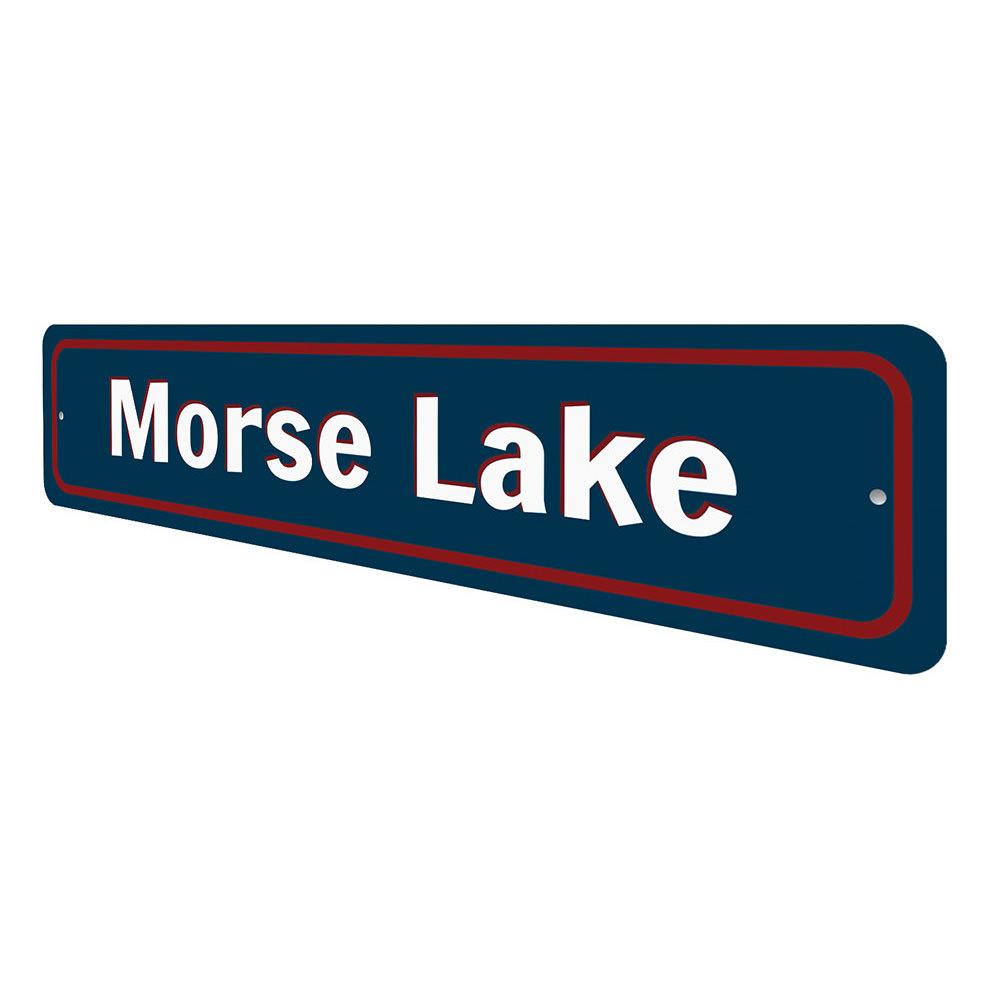 Custom Lake Name Entrance Sign made of durable aluminum, featuring personalized text and pre-drilled holes for easy mounting.