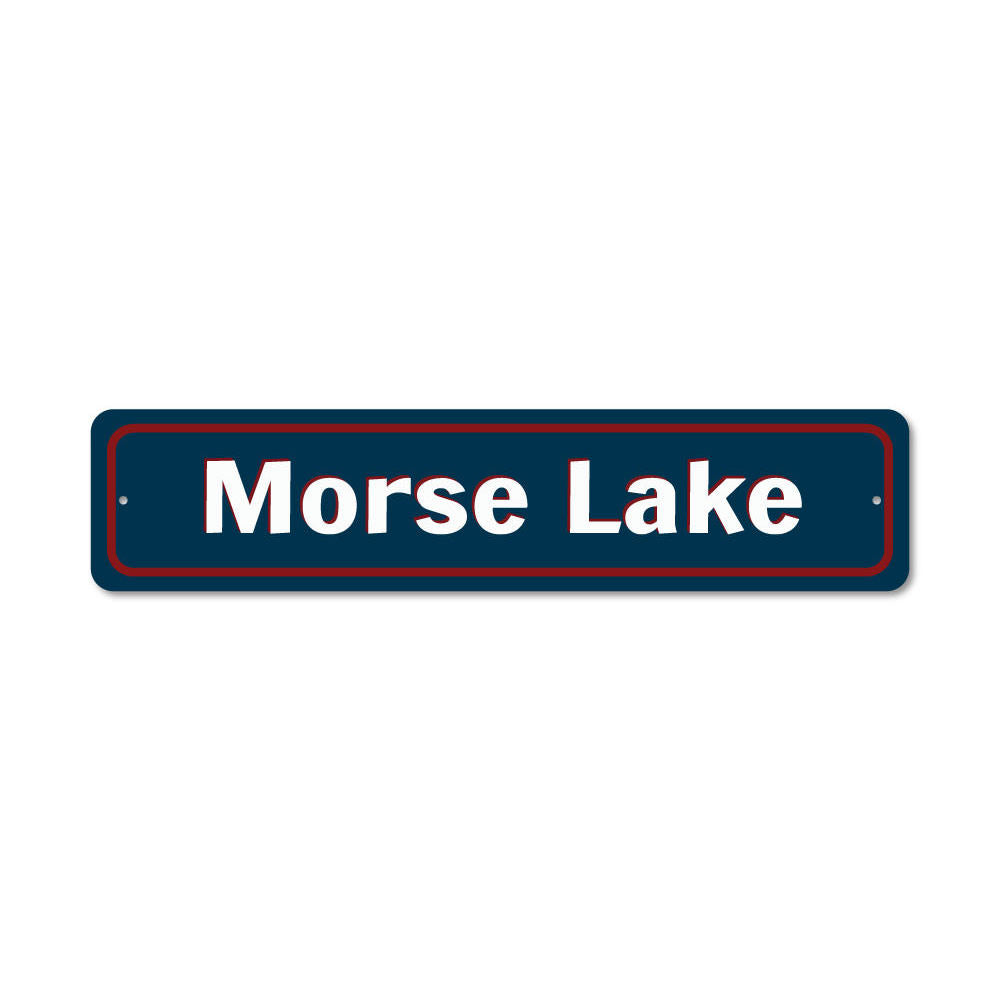 Custom Lake Name Entrance Sign made of durable aluminum, featuring personalized text and pre-drilled holes for easy mounting.