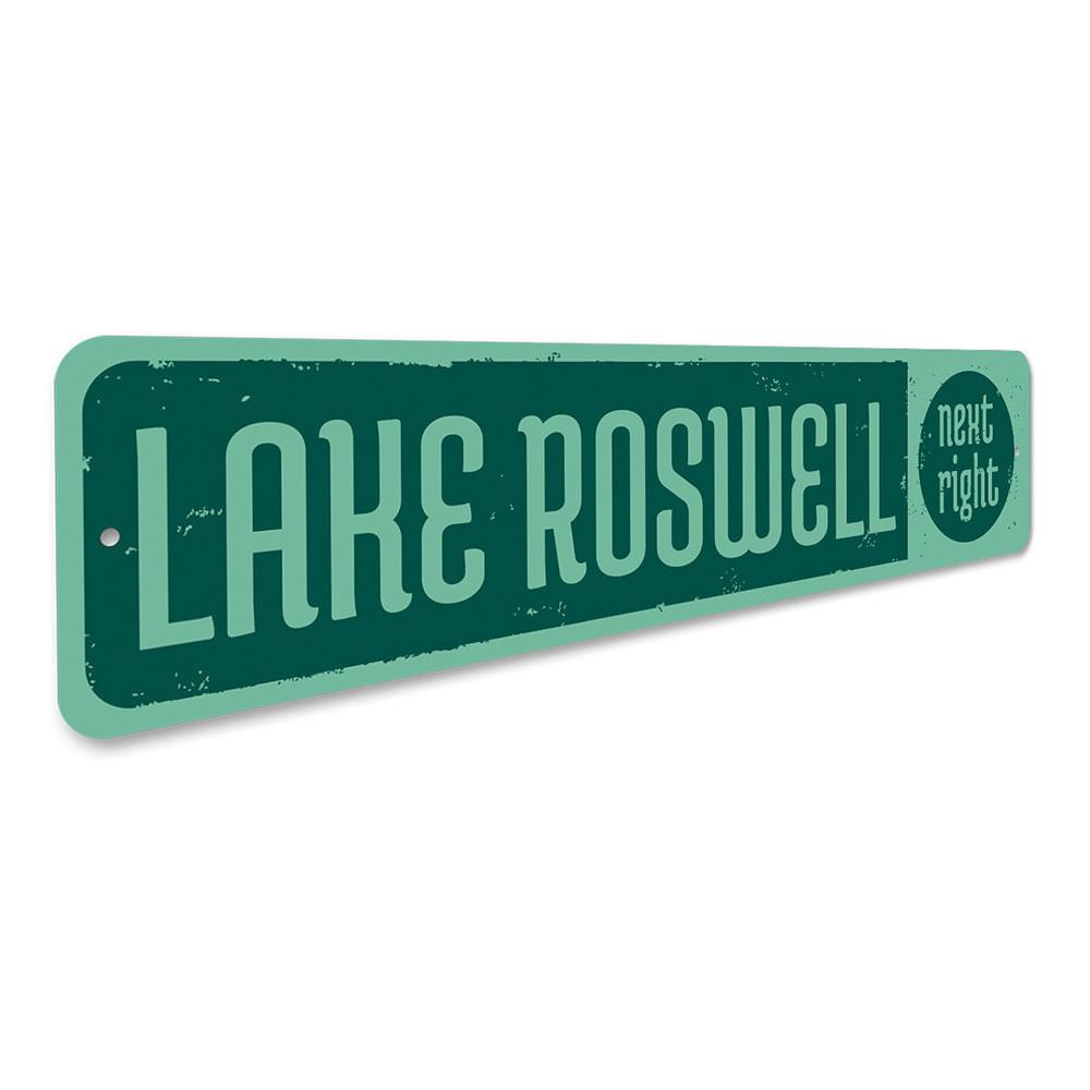 A decorative Lake Next Right Sign made of high-quality aluminum, featuring customizable text and pre-drilled holes for easy mounting.