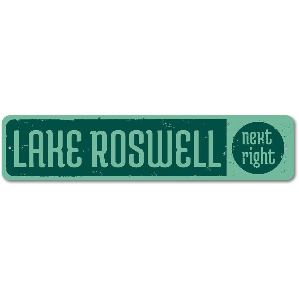 A decorative Lake Next Right Sign made of high-quality aluminum, featuring customizable text and pre-drilled holes for easy mounting.