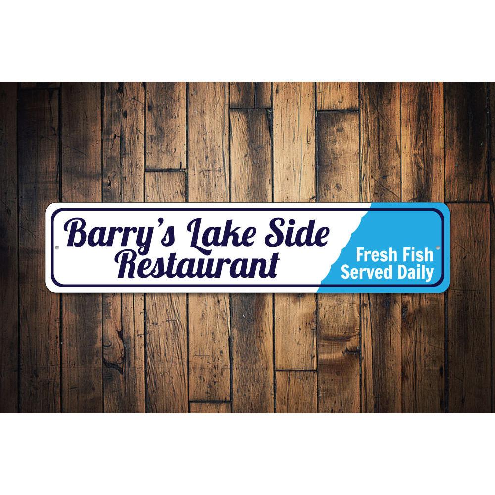 A beautifully crafted Lake Restaurant Sign made of durable aluminum, featuring customizable text and pre-drilled holes for easy mounting.