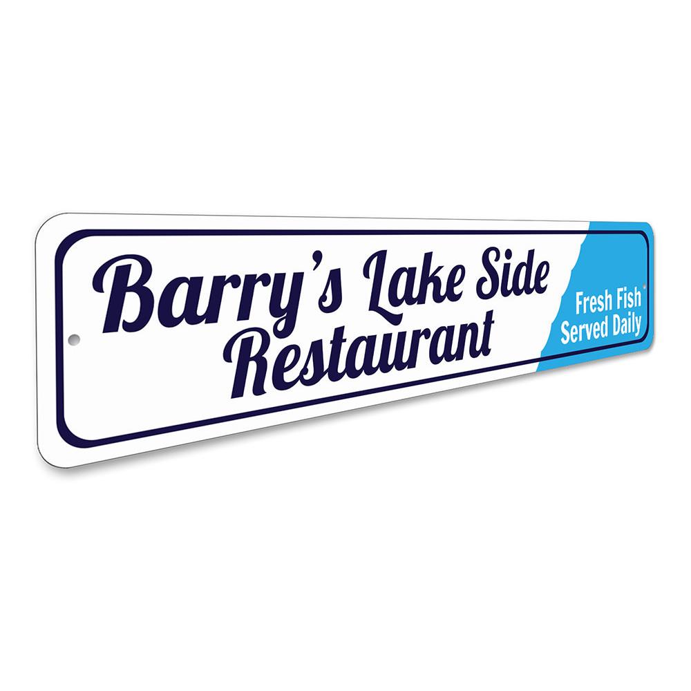 A beautifully crafted Lake Restaurant Sign made of durable aluminum, featuring customizable text and pre-drilled holes for easy mounting.