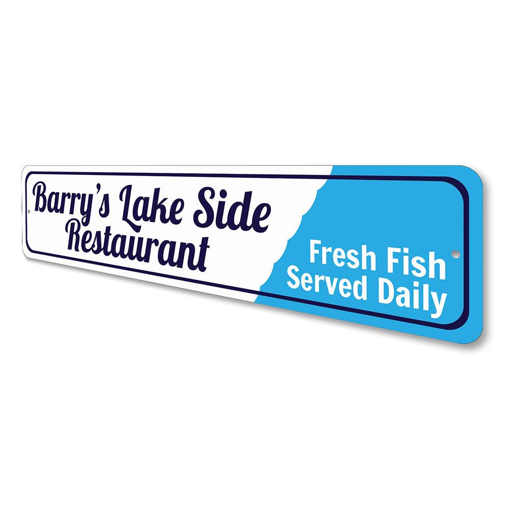 A beautifully crafted Lake Restaurant Sign made of durable aluminum, featuring customizable text and pre-drilled holes for easy mounting.