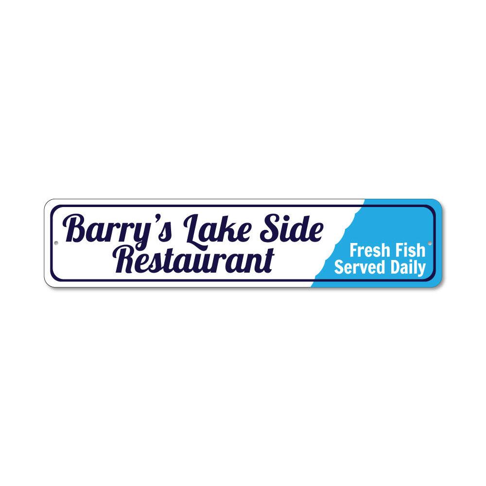 A beautifully crafted Lake Restaurant Sign made of durable aluminum, featuring customizable text and pre-drilled holes for easy mounting.