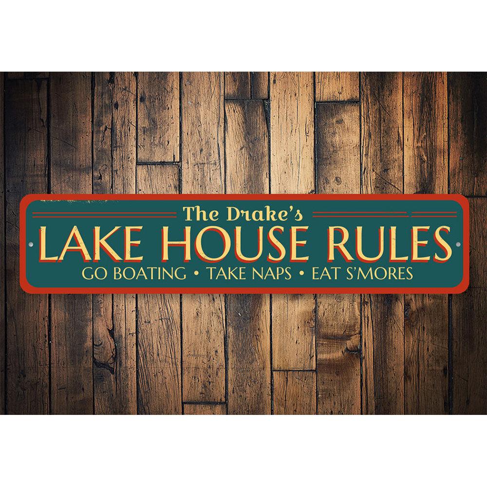 A beautifully designed Lake Rules Sign made of durable aluminum, featuring customizable text and pre-drilled holes for easy mounting.