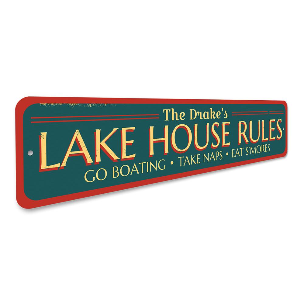 A beautifully designed Lake Rules Sign made of durable aluminum, featuring customizable text and pre-drilled holes for easy mounting.