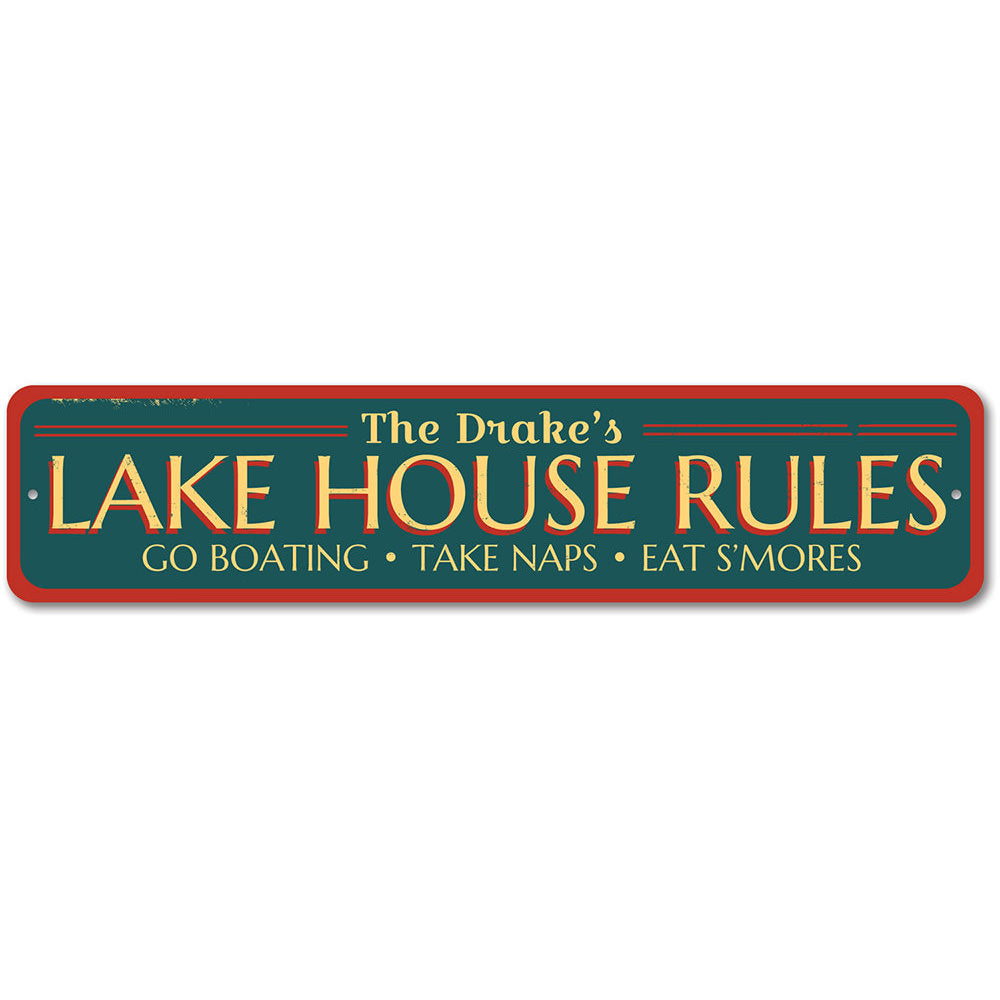 A beautifully designed Lake Rules Sign made of durable aluminum, featuring customizable text and pre-drilled holes for easy mounting.