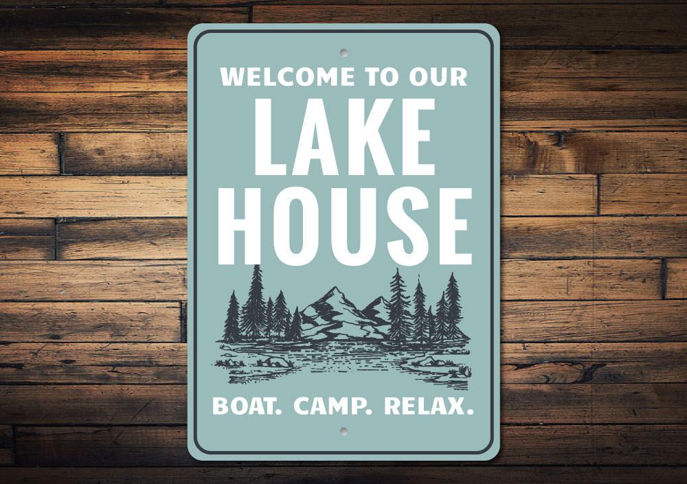 A decorative Lake Scene Sign made of high-quality aluminum, featuring a beautiful lake design, perfect for lakehouses and gifting.