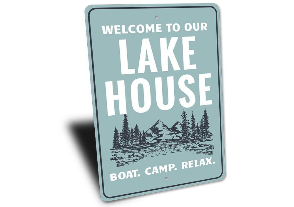 A decorative Lake Scene Sign made of high-quality aluminum, featuring a beautiful lake design, perfect for lakehouses and gifting.