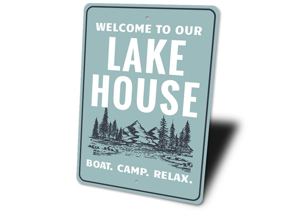 A decorative Lake Scene Sign made of high-quality aluminum, featuring a beautiful lake design, perfect for lakehouses and gifting.