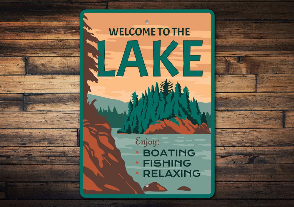 A beautifully crafted Lake Scenery Sign made from aluminum, featuring a serene lake view, perfect for home decor.