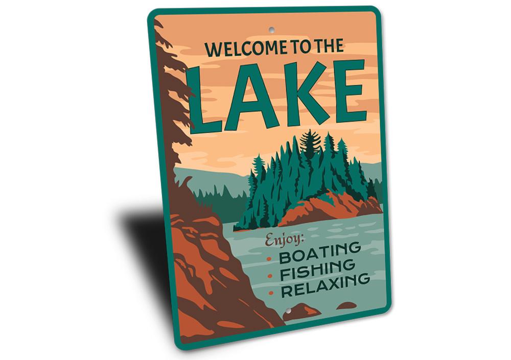 A beautifully crafted Lake Scenery Sign made from aluminum, featuring a serene lake view, perfect for home decor.