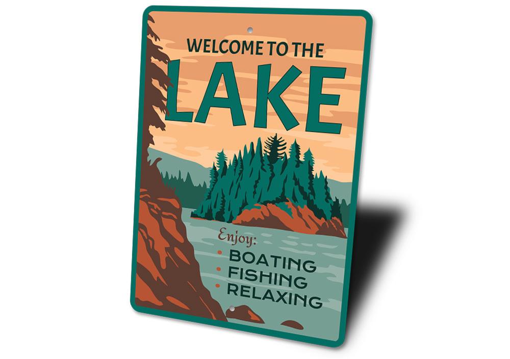 A beautifully crafted Lake Scenery Sign made from aluminum, featuring a serene lake view, perfect for home decor.