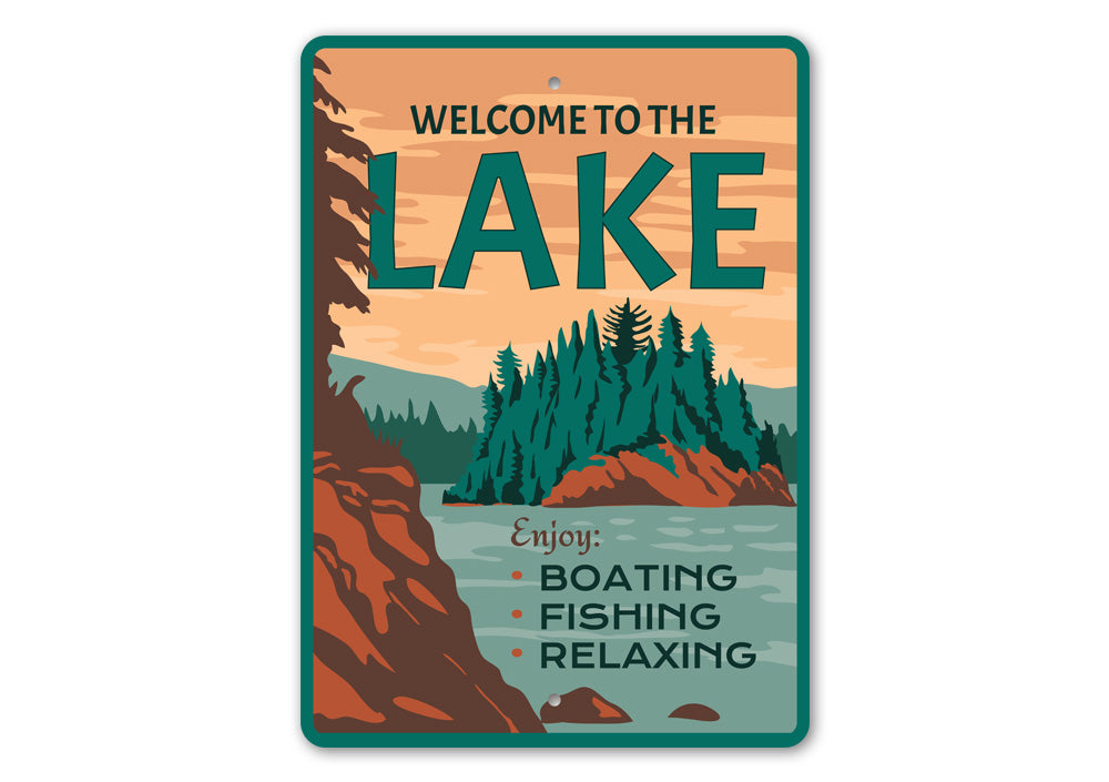 A beautifully crafted Lake Scenery Sign made from aluminum, featuring a serene lake view, perfect for home decor.