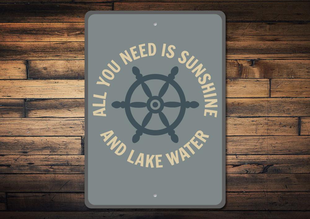 A decorative Lake Ship Wheel Sign made of high-quality aluminum, featuring a nautical design perfect for lakehouse decor.