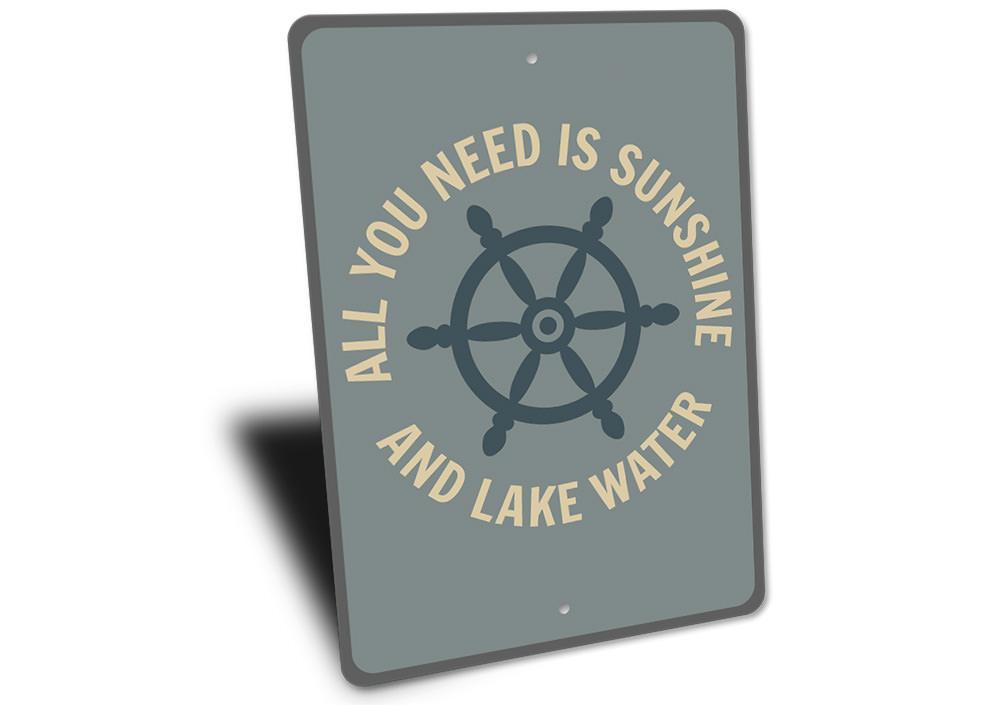 A decorative Lake Ship Wheel Sign made of high-quality aluminum, featuring a nautical design perfect for lakehouse decor.