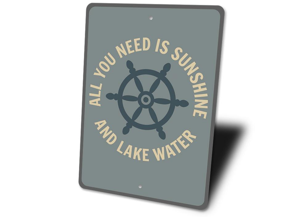 A decorative Lake Ship Wheel Sign made of high-quality aluminum, featuring a nautical design perfect for lakehouse decor.