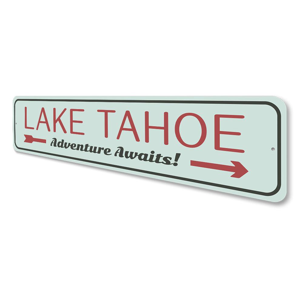 A beautiful Lake Tahoe Awaits Sign made of high-quality aluminum, showcasing a scenic lake design, perfect for home decor.