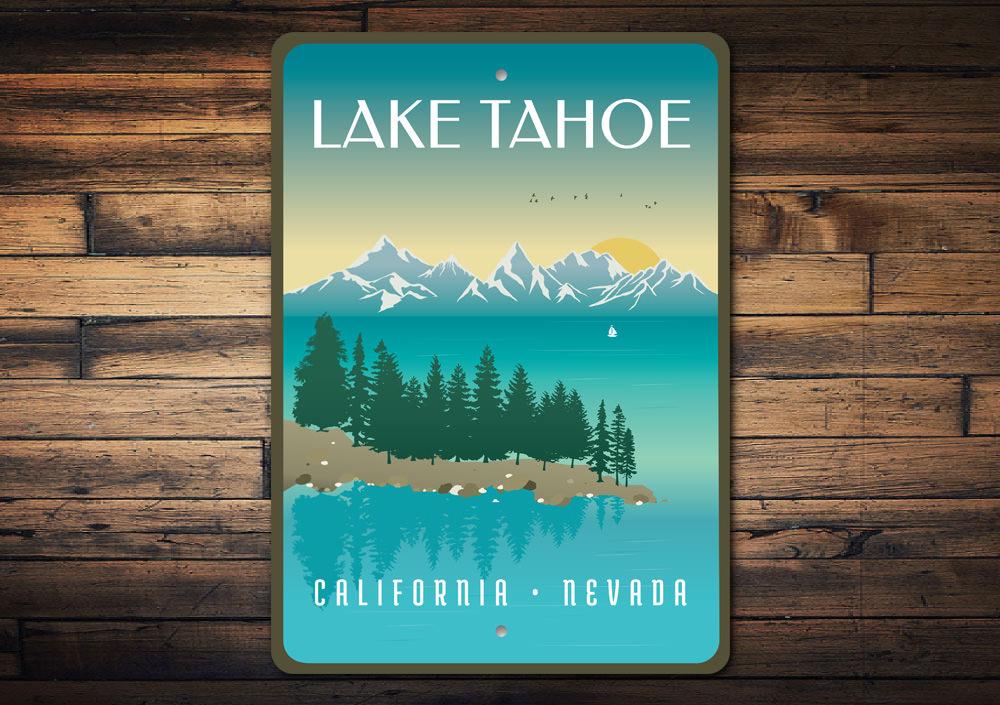 A beautiful Lake Tahoe Lakehouse Sign made of high-quality aluminum, showcasing a scenic lake design, perfect for home decor.