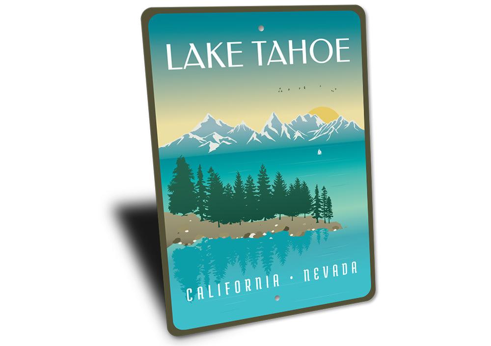 A beautiful Lake Tahoe Lakehouse Sign made of high-quality aluminum, showcasing a scenic lake design, perfect for home decor.