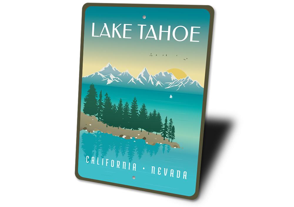 A beautiful Lake Tahoe Lakehouse Sign made of high-quality aluminum, showcasing a scenic lake design, perfect for home decor.