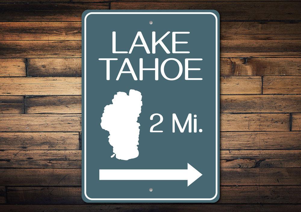 A beautifully crafted Lake Tahoe Mileage Sign made of high-quality aluminum, showcasing customizable text and vibrant colors, perfect for lakehouse decor.