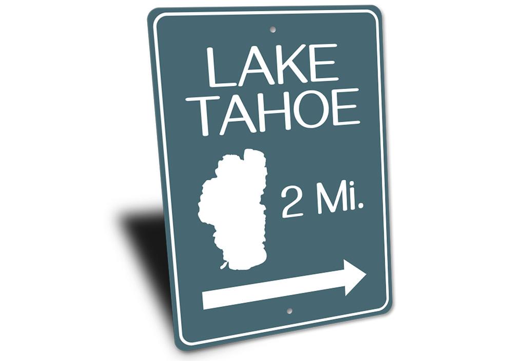 A beautifully crafted Lake Tahoe Mileage Sign made of high-quality aluminum, showcasing customizable text and vibrant colors, perfect for lakehouse decor.