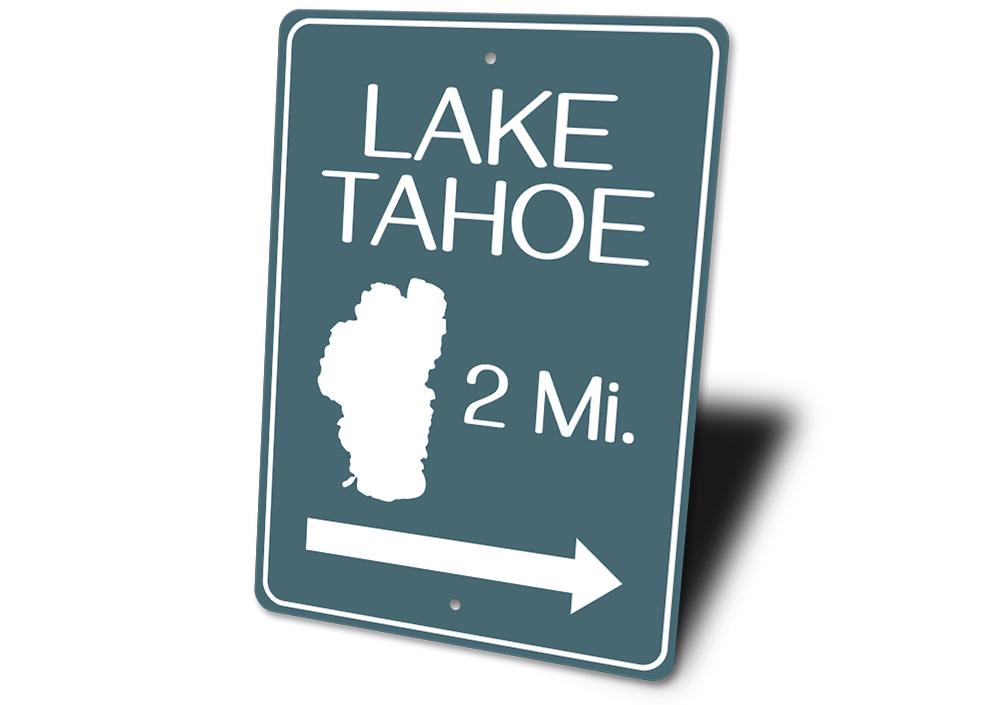 A beautifully crafted Lake Tahoe Mileage Sign made of high-quality aluminum, showcasing customizable text and vibrant colors, perfect for lakehouse decor.